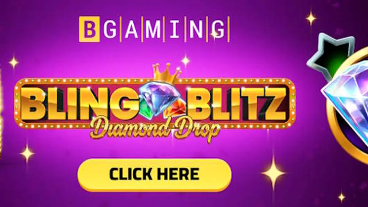 Interface do jogo Bling Blitz Diamond Drop com baús de diamante e elementos metálicos.