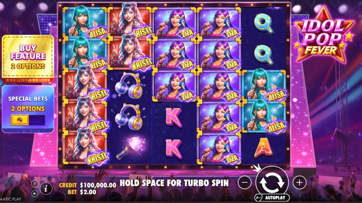 Idol Pop Fever slot game interface com luzes neon e ícones de banda pop