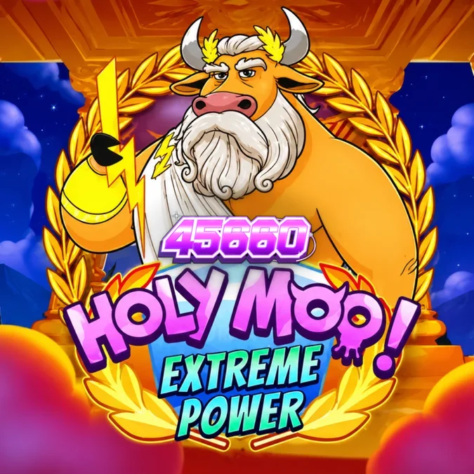 Interface do jogo de slot Holy Moo! Extreme Power com temática bovina
